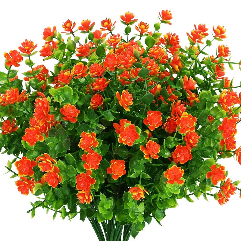 KLEMOO Artificial Flowers Fake Outdoor UV Resistant Boxwood Plants Shrubs, Faux Plastic Greenery for Indoor Outside Hanging Planter Home Office Wedding Farmhouse Decor (Orange Red) - Image 1